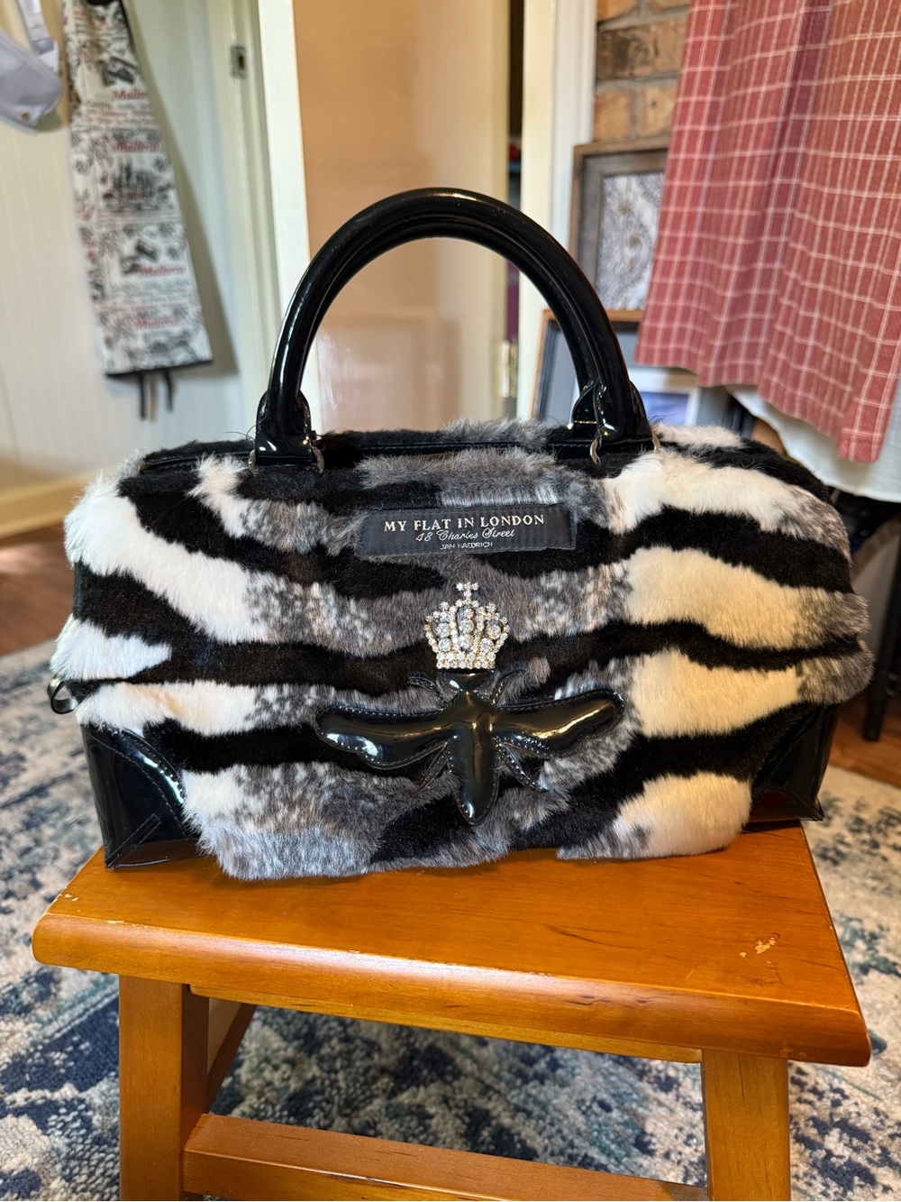 My Flat in London Black & White Faux Fur Satchel with Jeweled Crown - Y2K bling